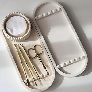 Juego de bandeja ovalada para manicura, reposamanos y organizador con almohadilla de algodón, hecha a mano, Jesmonite, color neutro, accesorios y regalo para salón.
