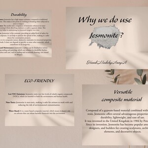 May include: A white and gray text graphic on a light brown background explains the benefits of using Jesmonite, a versatile composite material. The text includes the words "Durability", "Eco-Friendly", "Versatile", and "Why we do use Jesmonite?"