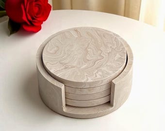 Holder and Coaster Set 4 | Stone Marble Beige Effect | Handmade | Jesmonite | Minimalist Neutral Home Decor Drinkware  & Gifts