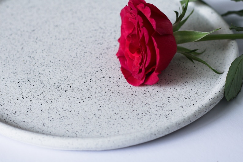 May include: A single red rose with green leaves lies on a white speckled ceramic plate.