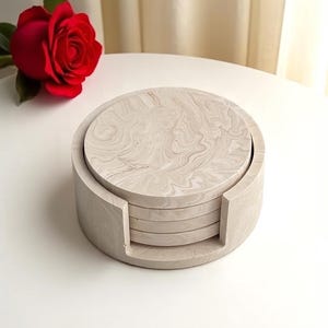Holder and Coaster Set 4 | Stone Marble Beige Effect | Handmade | Jesmonite | Minimalist Neutral Home Decor Drinkware  & Gifts