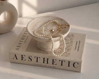 Pedestal Bowl Minimalist Jewelry Dish  | Jesmonite Trinket Tray | Modern Vanity Organizer | Neutral Home Decor | Ring Holder Gift for Her