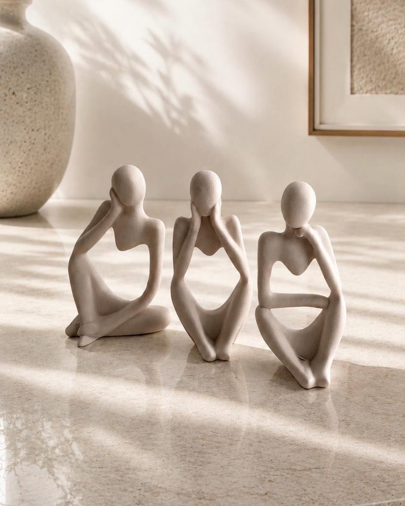 Abstract Statues Lady Thinker Minimalist Home Ornaments Sculpture Contemporary Style Shelf Decor Handmade Jesmonite Neutral Home Decor Gift image 1