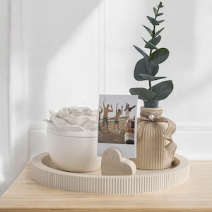 Beige Ribbed Decorative Tray Stone | Shelf Decor | Homeware Display Tray Accessories | Jesmonite | Handmade | Home decor and gift