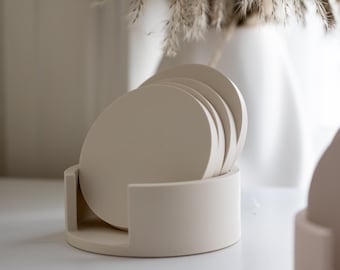 Holder and Coaster Set 4  Neutral Homeware Coaster Drinkware Coaster Set Mug Coaster Jesmonite Stone Handmade Home Decor Tableware & Gift