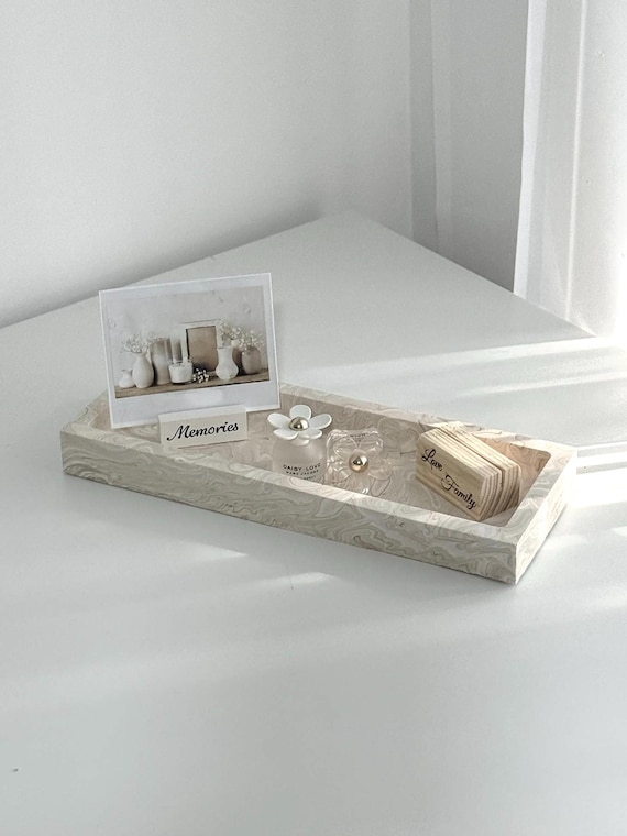 Large Rectangular Tray Decorative Handmade Jesmonite Stone Tray Shelf & Table Decor Neutral Home Decor and Gifts