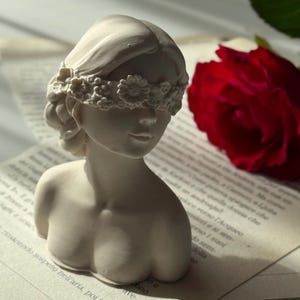 Puede incluir: Busto de mujer de yeso blanco con una diadema floral que le cubre los ojos. El busto est&aacute; sentado en un libro con una rosa roja en el fondo.