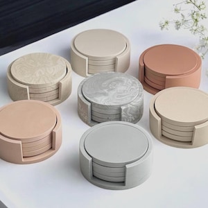 Holder and Coasters Set of 4 | Circle Stone Coaster Set Minimalist  Neutral Homeware | Handmade Jesmonite  New Home Decor Drinkware & Gift
