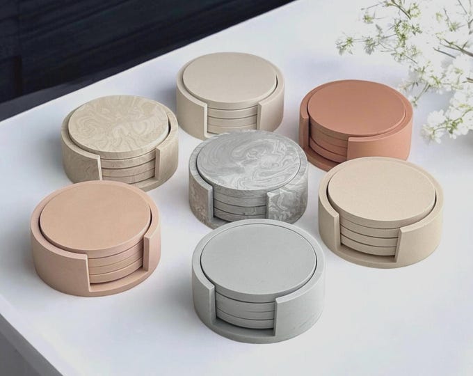 Holder and Coasters Set of 4 Custom Colour Jesmonite Table Decor Handmade Neutral Home Decor Gift
