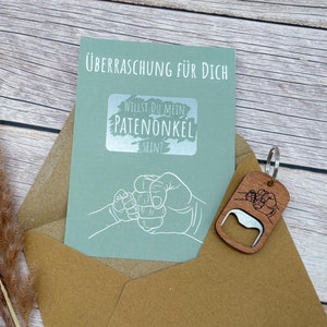 Cadeau parrain personnalisé : Carte à gratter & décapsuleur en bois – question au parrain avec gravure individuelle pour baptême