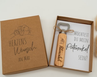 Individueller Flaschenöffner für den perfekten Patenonkel-Moment in einer Geschenkverpackung