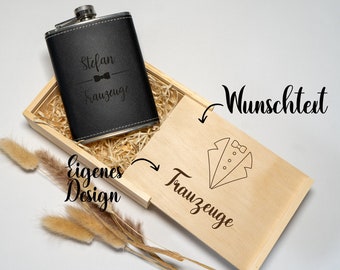 Personalized hip flask for best man/maid of honor with desired engraving in an elegant sliding lid wooden box - perfect wedding gift