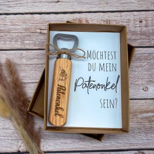 Patenonkel Geschenk – Personalisiertes Flaschenöffner Set mit Gravur im Geschenkkarton – Frage an den zukünftigen Patenonkel