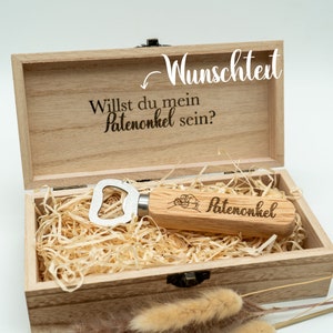 Gepersonaliseerde houten flesopener in een elegante houten doos - het perfecte cadeau voor je peetvader