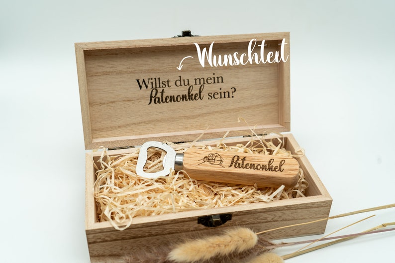 Personalized wooden bottle opener in a noble wooden box the perfect gift for your godfather image 1