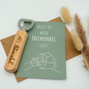 Personalisiertes Geschenkset: Karte & Holz Flaschenöffner Frage an den Patenonkel Bild 2
