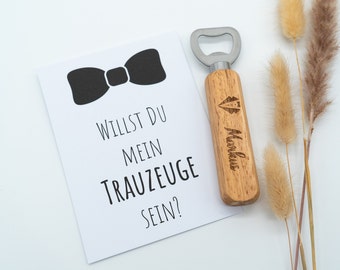 Personalisiertes Geschenkset: Karte & Holz Flaschenöffner - Frage an den Trauzeuge