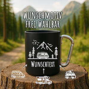Tazza da campeggio personalizzata con incisione | Tazza in acciaio inossidabile con moschettone | 300 ml | Testo e simbolo personalizzati | Regalo per esterni