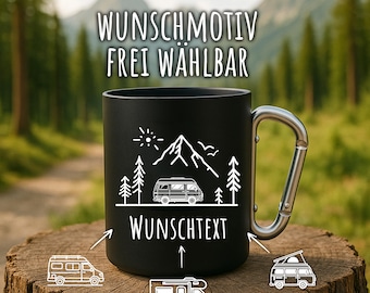 Personalisierte Campingtasse mit Gravur | Edelstahlbecher mit Karabiner | 300ml | Wunschtext & Symbol | Outdoor Geschenk