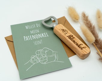 Personalized gift set: card & wooden bottle opener - question for the godfather