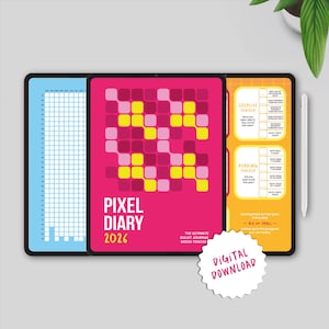 以下が含まれることがあります： Pixel Diary 2026のデジタルダウンロード、バレットジャーナルムードトラッカー。表紙はホットピンクで、黄色とピンクの正方形のピクセルデザイン。デジタルダウンロードステッカーは白で「DIGITAL DOWNLOAD」の文字。