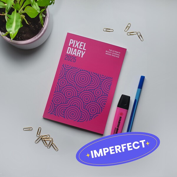 IMPERFECT PINK Pixel Diary, A Year in Pixels Tracker, Bullet Journal, Emotions & Mental Health, Mood, Anxiety, Reading, Notebook, Planner