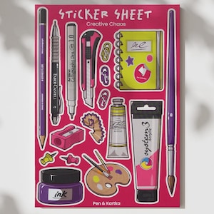 Creatieve chaos - stickervel | Dagboek, knutselen, plannerstickers, plakboek, heldere illustratie, schilderij, briefpapier, benodigdheden