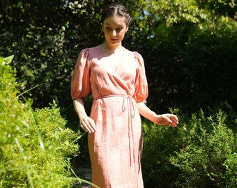 Maxi Long Dress with short sleeve, Pink linen dress- Elegant & Versatile