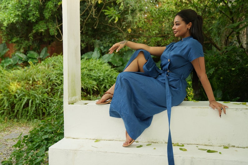 Midi Sleeveless Linen Dress with Belt V-Neck Casual Summer Blue Linen Dress image 6
