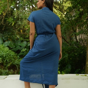 Midi Sleeveless Linen Dress with Belt V-Neck Casual Summer Blue Linen Dress image 2