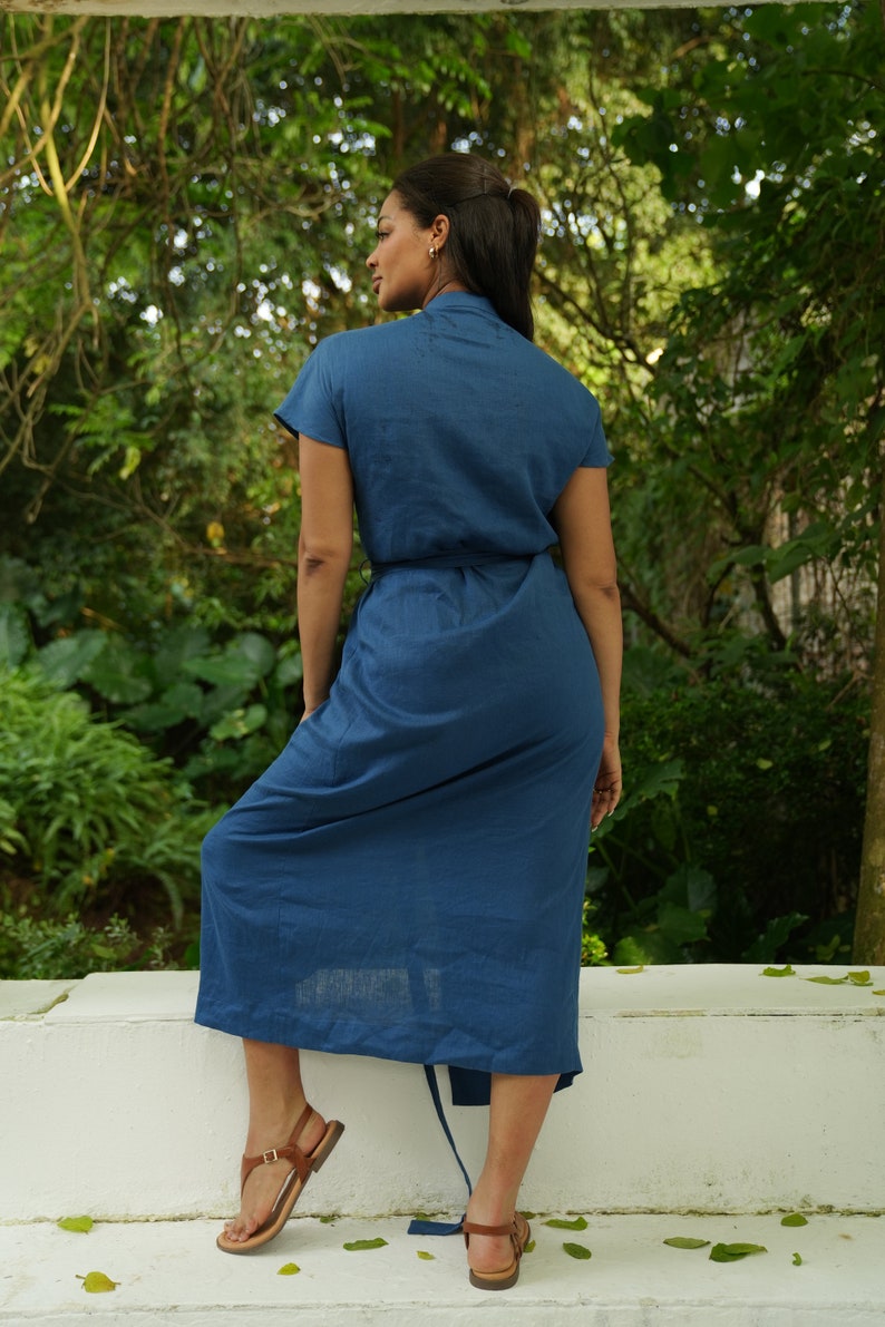 Midi Sleeveless Linen Dress with Belt V-Neck Casual Summer Blue Linen Dress image 2