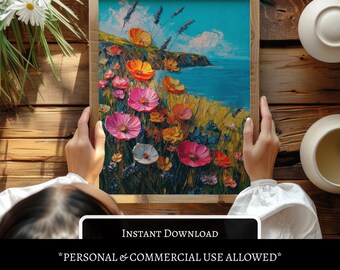 Vintage Style Summer Beach Print Coastal Wildflower Field Art Printable Floral Wall Decor Spring Landscape Art Wildflower Printable Coastal
