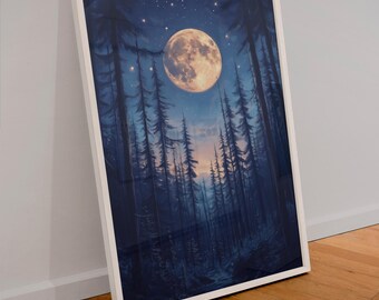 以下が含まれることがあります： 暗い青色の夜空に、背の高い濃い緑色の木々が生い茂る森の上で、明るく輝く満月のイラストが額装されています。月は薄い黄色で、わずかにオレンジ色の光を放っています。