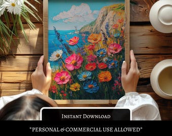 Summer Wildflower Field Printable Coastal Beach Landscape Art Vintage Inspired Floral Wall Decor Spring Print Coastal Wildflower Wall Print