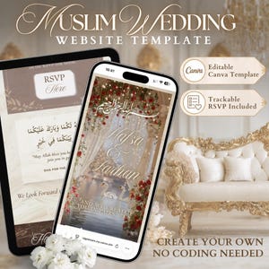 Muslim Wedding Website Template, Editable Canva RSVP, Nikkah Digital Invite | Swans