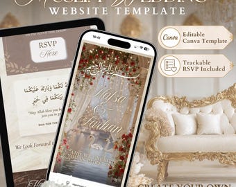 Muslimische Hochzeitswebsite Vorlage, Bearbeitbar Canva RSVP, Nikkah Digitale Einladung | Schwäne