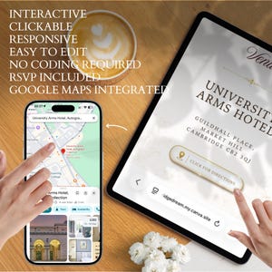 Pu&ograve; includere: Uno smartphone e un tablet mostrano un invito digitale per l'University Arms Hotel. Gli schermi presentano un'integrazione di Google Maps, opzioni RSVP e un pulsante con l'etichetta Click for Directions. Il testo evidenzia le funzionalit&agrave; interattive.