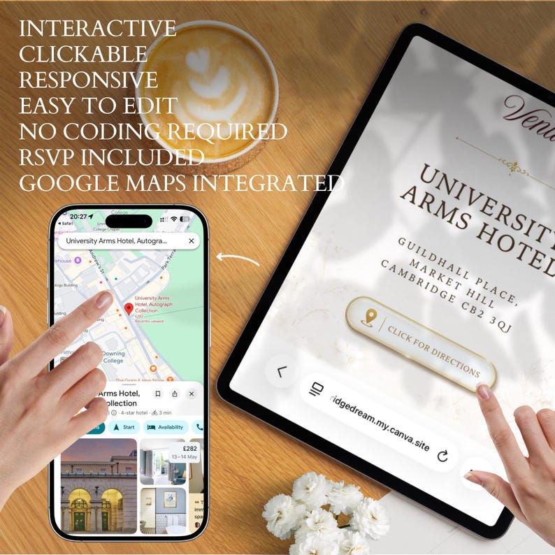 Pu&ograve; includere: Uno smartphone e un tablet mostrano un invito digitale per l'University Arms Hotel. Gli schermi presentano un'integrazione di Google Maps, opzioni RSVP e un pulsante con l'etichetta Click for Directions. Il testo evidenzia le funzionalit&agrave; interattive.
