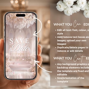 K&ouml;nnte beinhalten: Ein Smartphone zeigt eine digitale Hochzeitseinladung mit dem Text "Save the Date". Das Design hat eine weiche, romantische Farbpalette und das Datum 15.07.2026. Das Telefon wird in einer Hand gehalten.