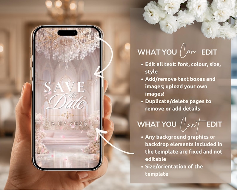 K&ouml;nnte beinhalten: Ein Smartphone zeigt eine digitale Hochzeitseinladung mit dem Text "Save the Date". Das Design hat eine weiche, romantische Farbpalette und das Datum 15.07.2026. Das Telefon wird in einer Hand gehalten.