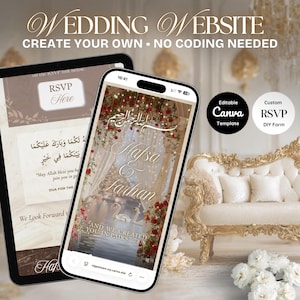 May include: A digital wedding website template displayed on a tablet and smartphone. The phone screen shows a wedding invitation design with floral accents, swans, and the names "Hafsa & Farhan." Text includes "Create Your Own" and "RSVP Here."