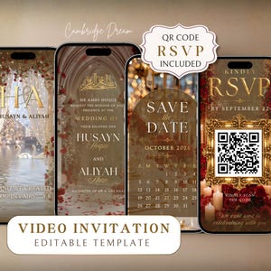May include: Four smartphones displaying digital wedding invitation templates with gold text, floral accents, and a QR code. The screens feature text including HA, Husayn & Aliyah, Save the Date October 2026, and RSVP by September 22. The design includes swans, arches, and red roses.