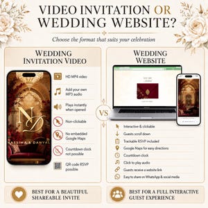 Pu&ograve; includere: Un'infografica comparativa intitolata VIDEO INVITATION OR WEDDING WEBSITE? che mostra uno smartphone con un video invito di nozze e un computer portatile con un sito web per matrimoni, elencando le caratteristiche di entrambi.