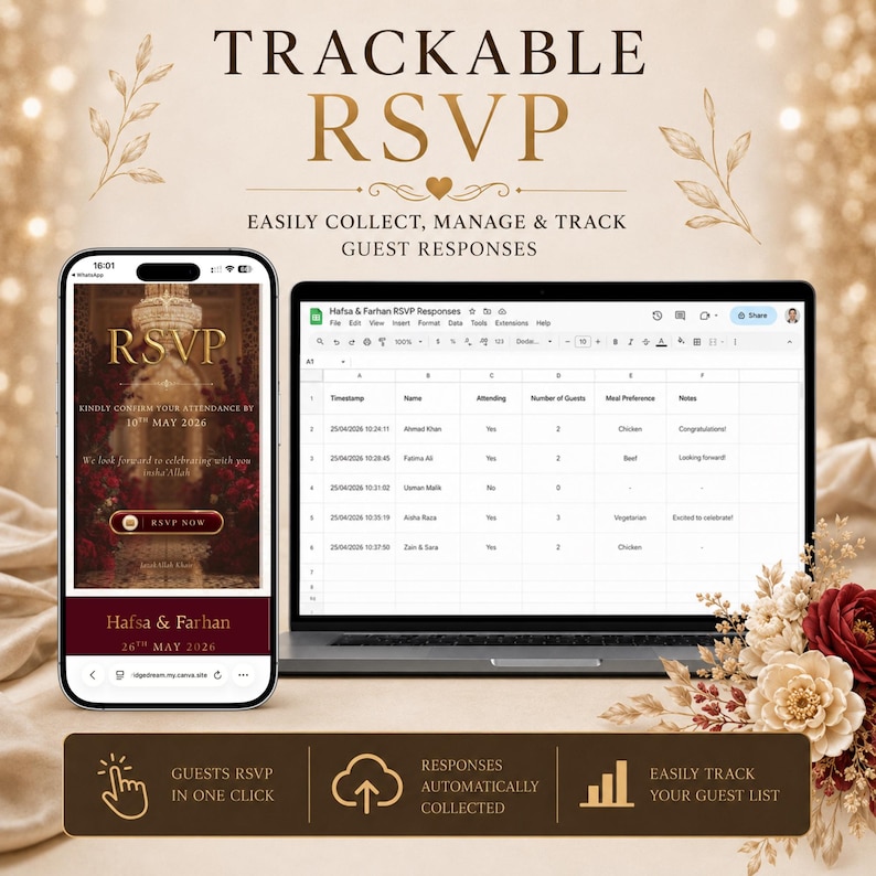 Pu&ograve; includere: Un sistema di tracciamento RSVP digitale visualizzato sullo schermo di uno smartphone e di un portatile. L'interfaccia mostra un invito a nozze con testo dorato su sfondo rosso scuro, insieme a un foglio di calcolo con i dati degli ospiti.