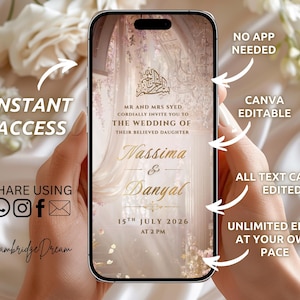 K&ouml;nnte beinhalten: Ein Smartphone zeigt eine Hochzeitseinladung mit goldenem Text auf einem weichen, beigen Hintergrund. Die Einladung enth&auml;lt die Namen "Nassima & Danyal" und das Datum "15. Juli 2026". Der Text zeigt, dass die Einladung mit Canva bearbeitet werden kann.