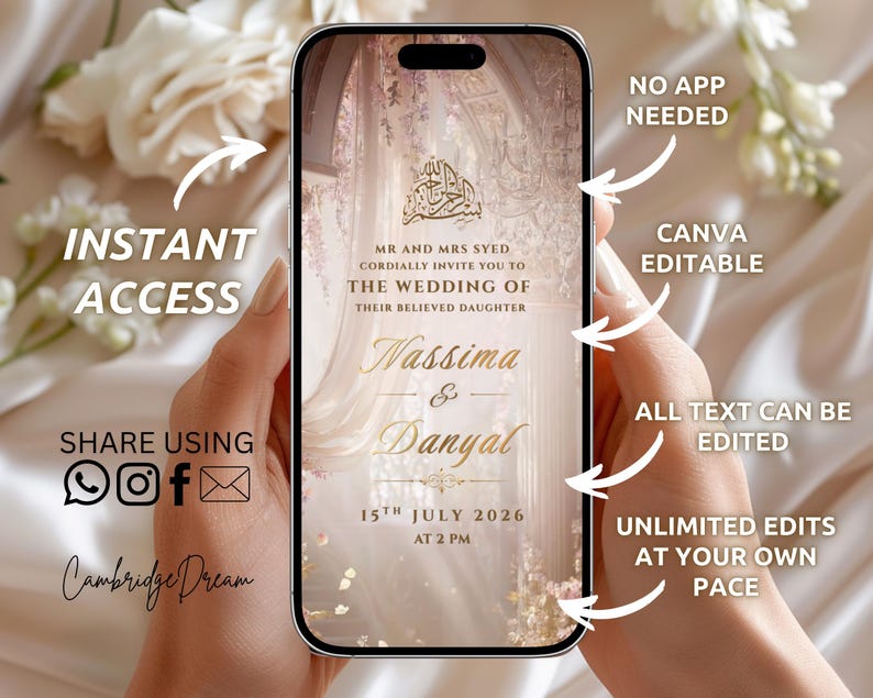 K&ouml;nnte beinhalten: Ein Smartphone zeigt eine Hochzeitseinladung mit goldenem Text auf einem weichen, beigen Hintergrund. Die Einladung enth&auml;lt die Namen "Nassima & Danyal" und das Datum "15. Juli 2026". Der Text zeigt, dass die Einladung mit Canva bearbeitet werden kann.