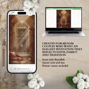 Pu&ograve; includere: Uno smartphone e un computer portatile mostrano un modello di invito a nozze digitale con uno schema di colori rosso scuro e oro. Lo schermo mostra un arco ornato, un timer per il conto alla rovescia e testo tra cui "And We Created You In Pairs" e "RSVP".