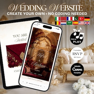 Muslim Wedding Website Template, Editable Canva RSVP, Nikkah Digital Invite | Luxury Red and Gold