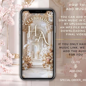May include: A smartphone displays a digital design with the text "CELEBRATING HA". The design features a floral archway and text that reads "HOW TO ADD MUSIC". The background is a soft pink with cherry blossoms.