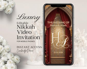 Editable Baraat Invitation Video | Canva Islamic Wedding Mobile Template – Velvet Red & Gold